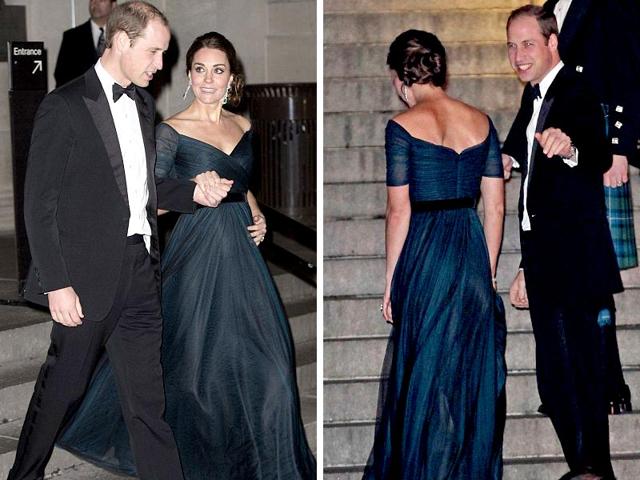 Dazzling: The Duke and Duchess are pictured arriving at and leaving New York's Metropolitan Museum of Art to raise money for their alma mater: St Andrews University in Scotland. Kate is seen donning a midnight blue Jenny Packham evening gown and designer earrings.