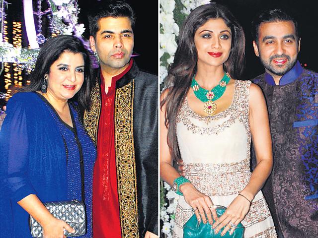 Karan Johar and Farah Khan walked in together at the sangeet ceremony of Riddhi Malhotra and Tejas Talwalkar. Others present included star couple Shilpa Shetty Kundra and Raj Kundra. (HT Photo) Karan Johar and Farah Khan walked in together at the sangeet ceremony of Riddhi Malhotra and Tejas Talwalkar. Others present included star couple Shilpa Shetty Kundra and Raj Kundra. (HT Photo)