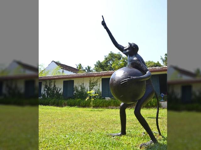 N S Harsha’s sculpture Matter at the central lawn in Pepper House features a monkey, a favourite motif of the artist, holding a ball and pointing towards the sky. Is he asking people to consider the mysteries of the universe? (All photos: Kochi Biennale Foundation)