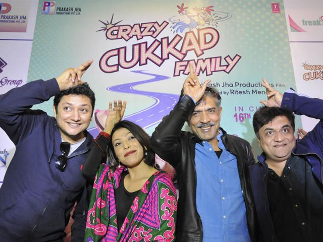 Director Ritesh Menon, Shilpa Shukla, producer Prakash Jha and Swanand Kirkire promote their upcoming film 'Crazy Cukkad Family' in Bhopal on Sunday. (Mujeeb Faruqui/HT photo)