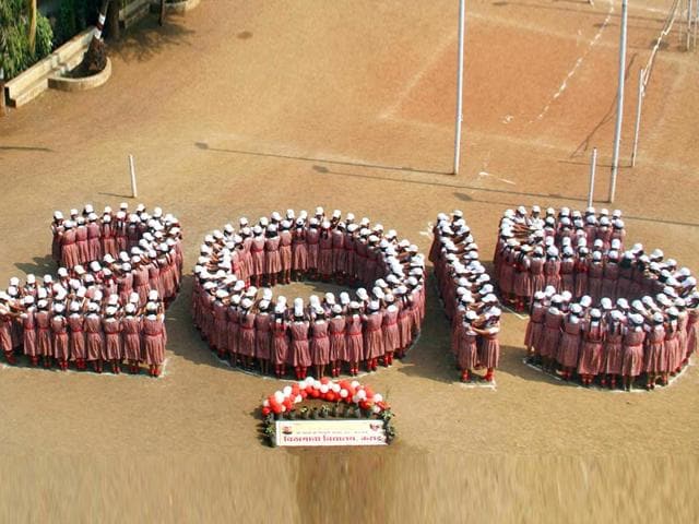 An aerial view of school girls forming the number 2015 on New Year's eve at Karad in Maharashtra. (PTI photo)