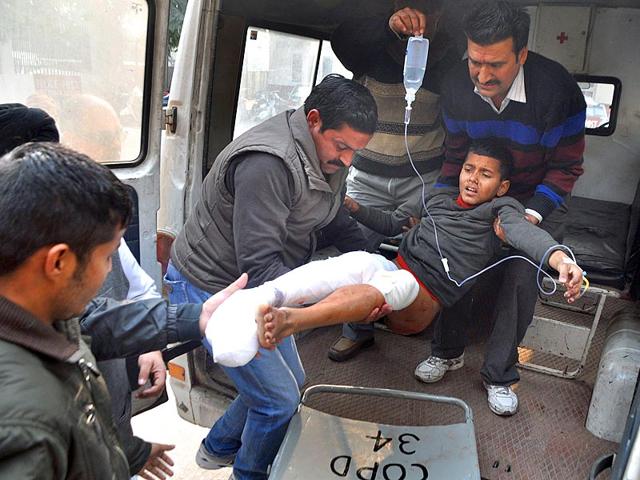 Rahul Kumar, injured in cross-border firing between Indian and Pakistan troops, shifted to Government Medical College Hospital in Jammu. (AFP Photo) Rahul Kumar, injured in cross-border firing between Indian and Pakistan troops, shifted to Government Medical College Hospital in Jammu. (AFP Photo)
