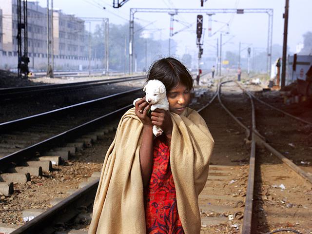 Sanjana, 11, plays with a puppy on the railway tracks just beside her shanty near Okhla station in south Delhi. “It is very hard to sleep in winter nights as we don’t have enough warm clothes. I and my sisters hold each other tight at night when we feel too cold,” said Sanjana. (Subrata Biswas/HT Photo)