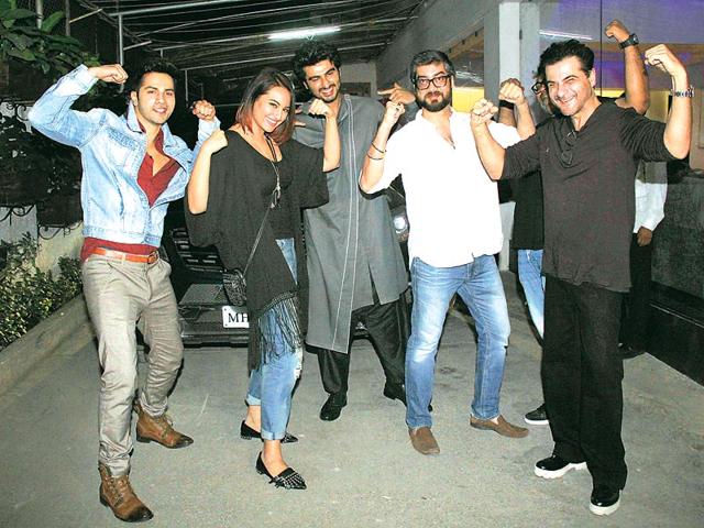 From left: Varun Dhawan, Sonakshi Sinha, Arjun Kapoor, Amit Sharma and Sanjay Kapoor at a special screening of Tevar. (Photos: Yogen Shah)