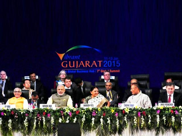 Prime minister Narendra Modi with Gujarat chief minister Anandiben Patel and governor of Gujarat OP Kohli and other dignitaries at Vibrant Gujarat Global Summit 2015 in Gandhinagar, Gujarat. (PTI Photo)