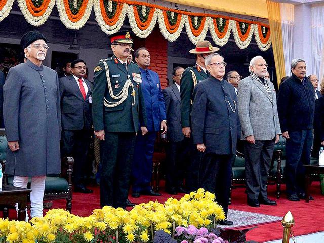President Pranab Mukherjee with vice president Hamid Ansari, Prime Minister Narendra Modi and defence minister Manohar Parrikar attends a reception on the occasion of Army Day at Army House in Delhi. (PTI photo) President Pranab Mukherjee with vice president Hamid Ansari, Prime Minister Narendra Modi and defence minister Manohar Parrikar attends a reception on the occasion of Army Day at Army House in Delhi. (PTI photo)