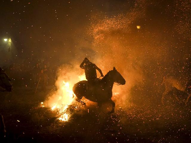 A horseman jumps over a bonfire in the Spanish central village of San Bartolome de Pinares in the province of Avila, Castile and Leon, Spain, during the opening of the traditional religious festival "Luminarias" in honour of San Antonio Abad . (AFP Photo)