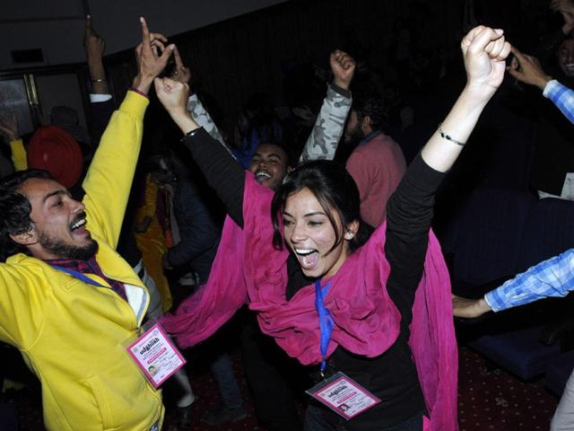 Students celebrating after receving awards on the concluding day of 30th Inter universities youth festival, in Jammu, on Monday. Nitin Kanotra /HT