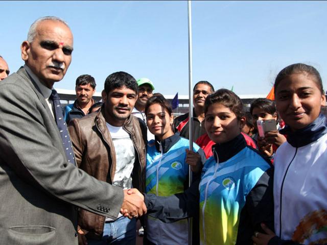 Sushil Kumar in Bhopal to inaugurate a national sports event under Rajiv Gandhi Khel Abhiyan. (HT photo)