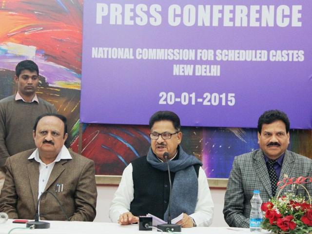 National-Commission-for-Scheduled-Castes-chairman-PL-Punia--and-vice-chairman-Raj-Kumar-Verka-at-a-press-conference-in-Chandigarh-on-Tuesday-HT-photo National-Commission-for-Scheduled-Castes-chairman-PL-Punia--and-vice-chairman-Raj-Kumar-Verka-at-a-press-conference-in-Chandigarh-on-Tuesday-HT-photo