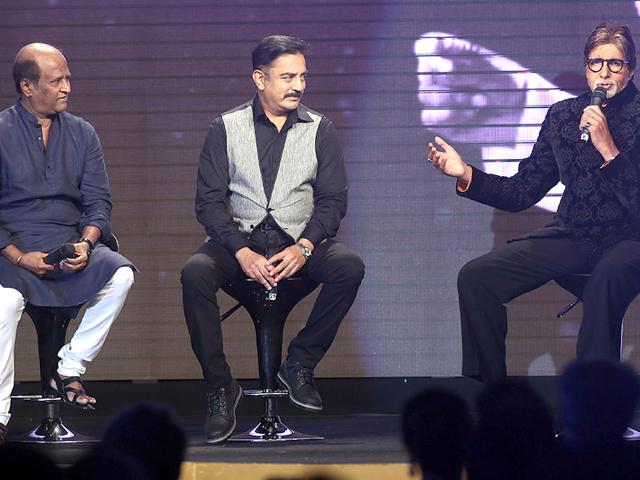 Amitabh Bachchan speaks to the audience with Rajinikanth (left) and Kamal Hassan during the music launch of Shamitabh in Mumbai. (AP Photo) Amitabh Bachchan speaks to the audience with Rajinikanth (left) and Kamal Hassan during the music launch of Shamitabh in Mumbai. (AP Photo)