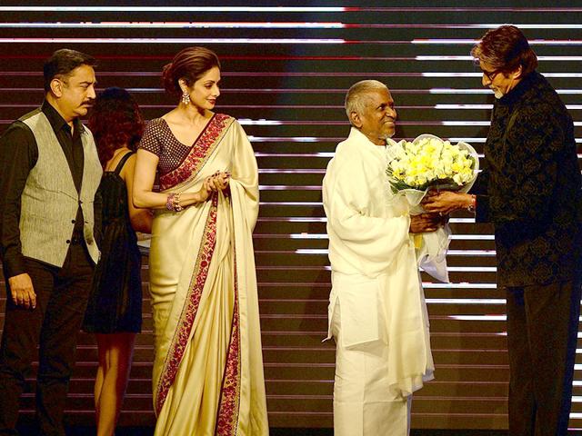 Sridevi along with actors Kamal Hasan, Rajnikanth and Amitabh Bachchan felicitate music director Ilayaraja during the music launch of Shamitabh, that marks 1000th movie of the musician, in Mumbai on Tuesday. (PTI Photo) Sridevi along with actors Kamal Hasan, Rajnikanth and Amitabh Bachchan felicitate music director Ilayaraja during the music launch of Shamitabh, that marks 1000th movie of the musician, in Mumbai on Tuesday. (PTI Photo)