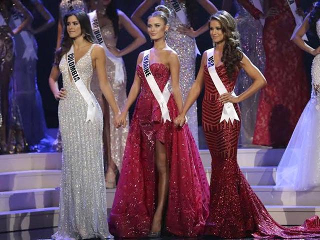 Miss Colombia Paulina Vega, Miss Ukraine Diana Harkusha and Miss USA Nia Sanchez onstage during The 63rd Annual Miss Universe Pageant in Miami, US. (AFP) Miss Colombia Paulina Vega, Miss Ukraine Diana Harkusha and Miss USA Nia Sanchez onstage during The 63rd Annual Miss Universe Pageant in Miami, US. (AFP)