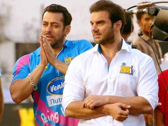Salman Khan and Sohail Khan at a Celebrity Cricket League match in Sardar Patel Stadium, Ahmedabad on Sunday. (PTI Photo)