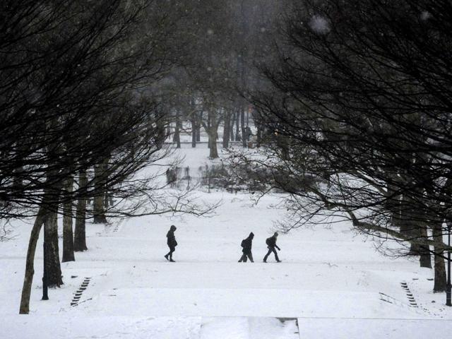People walk in falling snow in Fort Greene Park in the Brooklyn borough in New York City. (Reuters Photo)