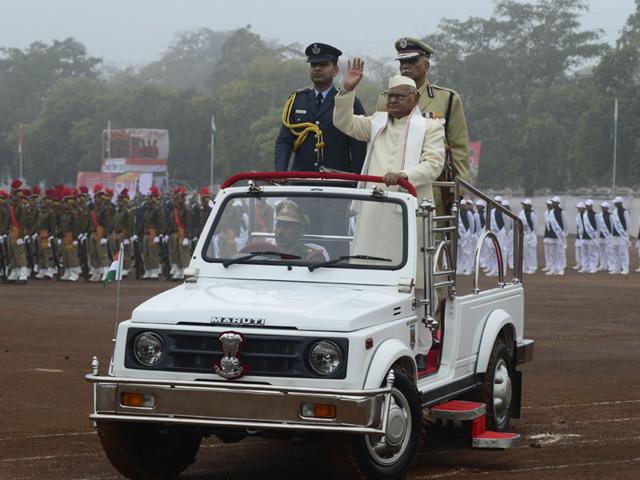 MP governor Ramnaresh Yadav attends the Republic Day parade at Lal Parade ground in Bhopal on Monday. (Mujeeb Faruqui/HT photo)