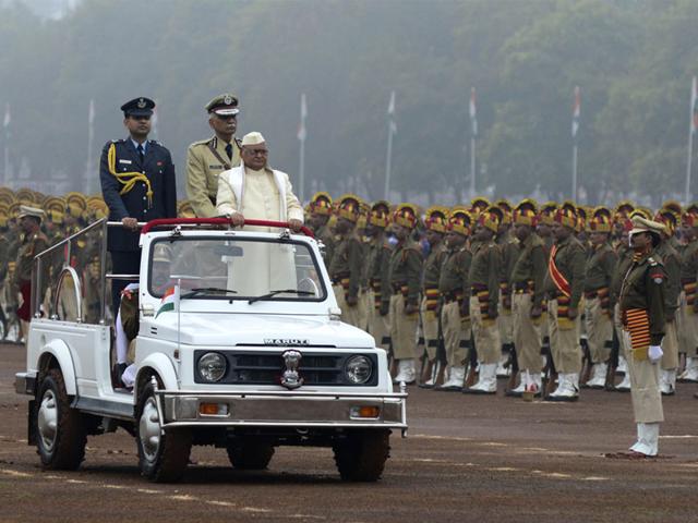 MP governor Ramnaresh Yadav attends Republic Day parade at Lal Parade ground in Bhopal on Monday. (Mujeeb Faruqui/HT photo)