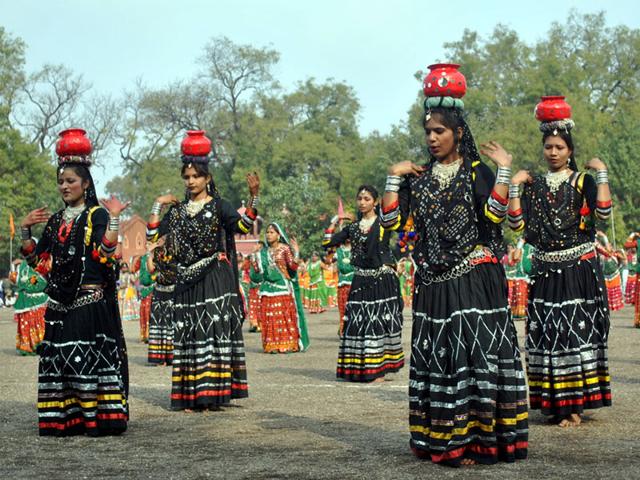 School students take part in a cultural programme during Republic Day celebration in Indore on Monday. (Shankar Mourya/HT photo)