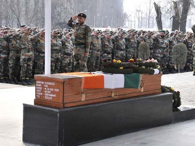 Colonel Munindra Nath Rai was killed in a gunfight at Pulwana district on Tuesday. Waseem Andrabi/HT
