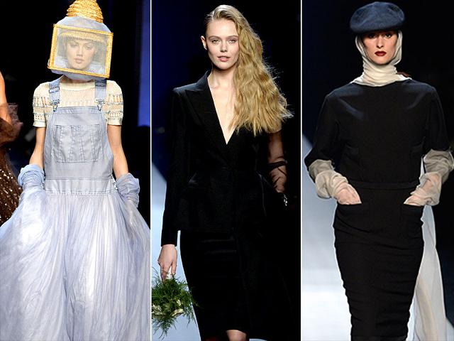 Jean Paul Gaultier: His new collection consists of a number of black and white looks, but there are also shades of café au lait, bronze, ivory and eggshell and a few touches of more vibrant colors such as hot pink, neon green and red. There were even some colorful python prints in the mix.