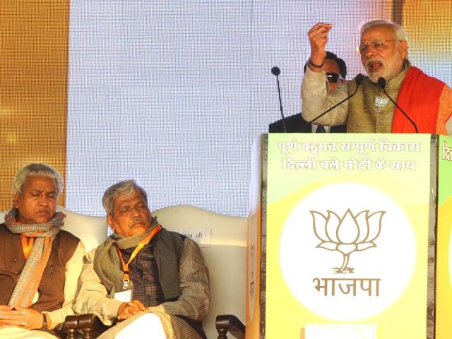 The BJP has stepped up its poll campaign ahead of the Delhi assembly polls and has scheduled 250 rallies in the next six days. (Mohd Zakir/HT Photo)
