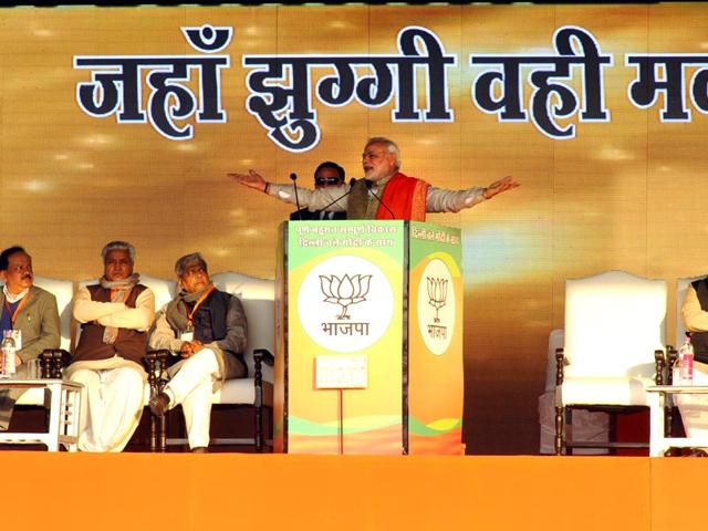 Prime Minister Narendra Modi at an election rally in Karkardooma in New Delhi. (Mohd Zakir/HT Photo)