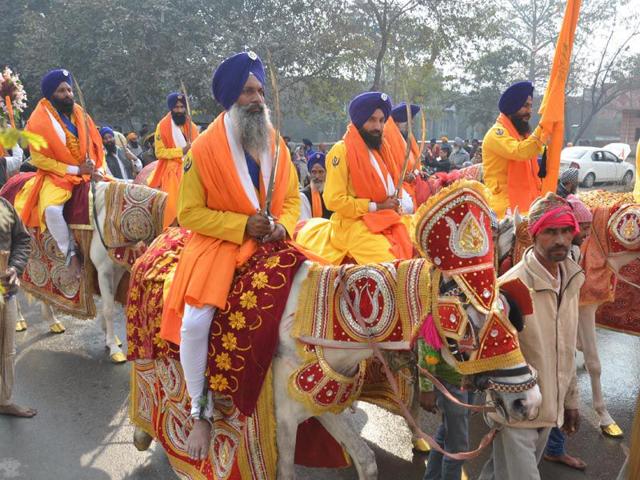 Panj Pyare during Nagar Kirtan procession to celebrate birth anniversary of Sikh Warrior Baba Deep Singh Ji in Amritsar. Sameer Sehgal/HT