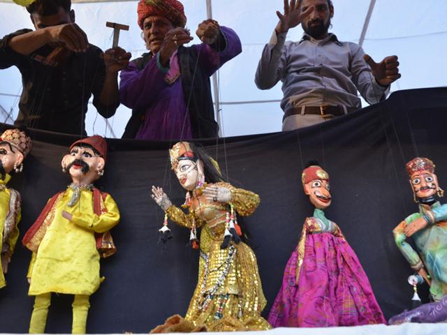A puppet show organised during the ongoing Rajasthan Mahotsav at Bharat Bhawan in Bhopal on Sunday. (Mujeeb Faruqui/ HT photo)