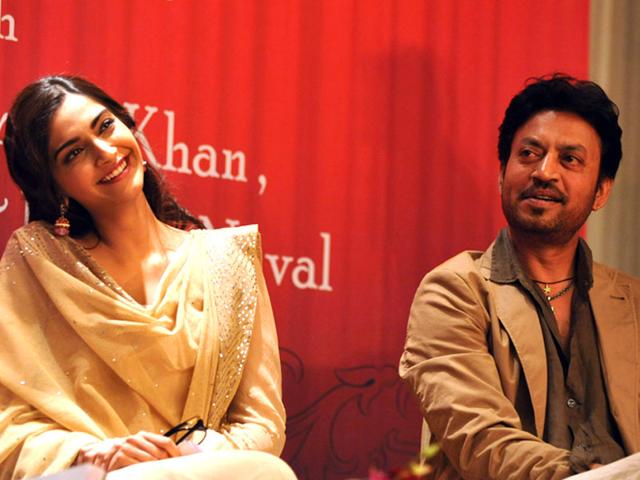 Actors Sonam Kapoor and Irrfan Khan attend the launch of Ek Maheena Nazmon Ka, in Mumbai. (AFP)