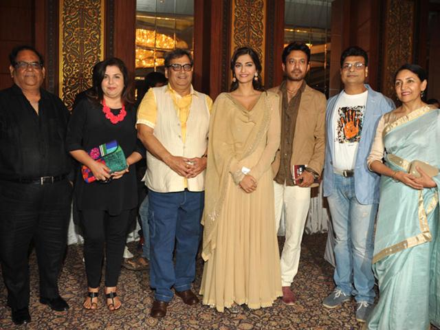 Actors Sonam Kapoor, Deepti Naval, Irrfan Khan, filmmakers Farah Khan, Subhash Ghai and author Irshad Kamil at the launch of Ek Maheena Nazmon Ka(IANS)