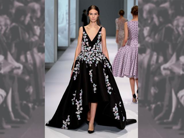 Ralph & Russo wholeheartedly embraced this Spring's flower obsession with pastel blue, lavendar and pink petal appliqué on a dramatic dark canvas