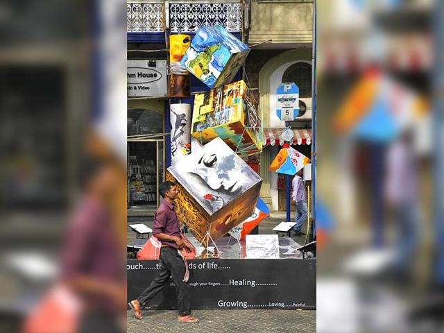 Art installations were placed a day ahead the Hindustan Times Kala Ghoda Arts Festival 2015 in Mumbai. (Photo by Kalpak Pathak/HT photo)