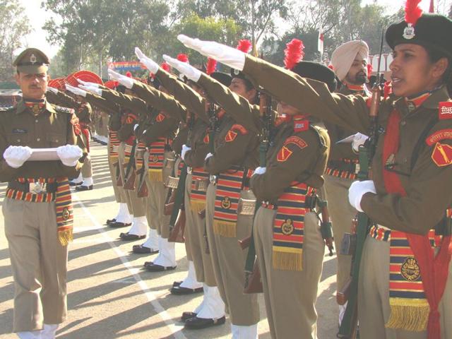 Women constables at the passing out parade at BSF camp Kharkan on Saturday. Harpreet Kaur/HT Photo