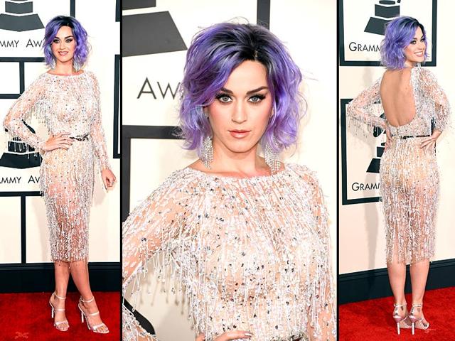 Katy Perry stepped out at the 2015 Grammy Awards rocking a bright new lavender hue. And you just can't miss her glittering eye-catching ensemble. (Reuters)