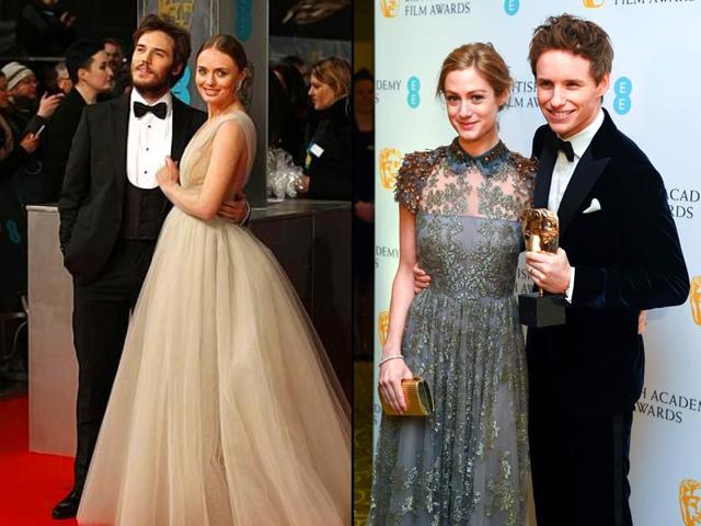 Laura Haddock along with Sam Claflin (left), Eddie Redmayne and wife Hannah Bagshawe (right) pose at the red carpet. (AFP)