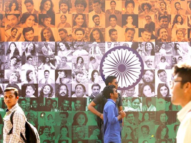 A mural of the Indian Tricolour put up at the Kala Ghoda square symbolises the country's diversity, in Mumbai. (Vidya Subramanian/HT photo)