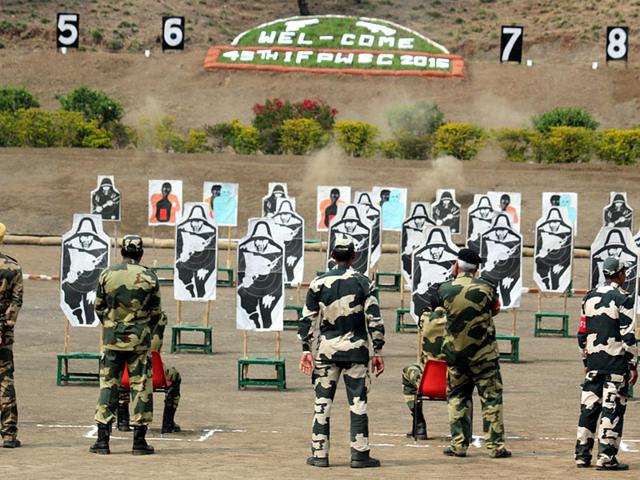 Shooters from different frontiers take part in the 45th inter-frontier shooting championship in Indore on Tuesday. (Shankar Mourya/HT photo)