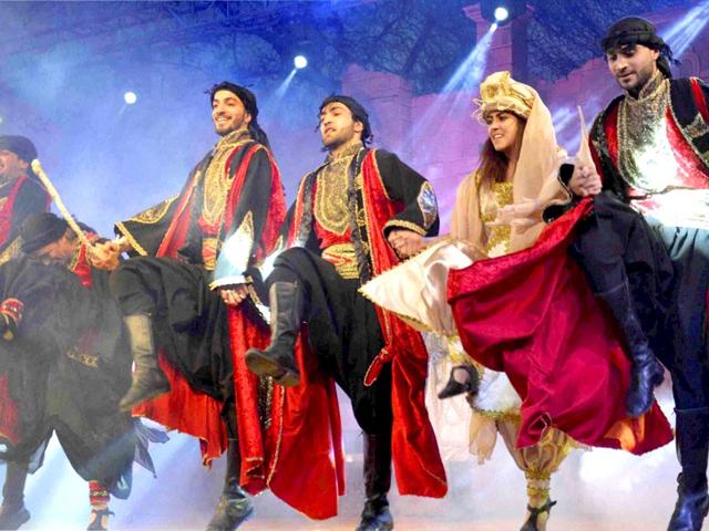 Lebanon artists perform at the International Crafts Mela at Surajkund in Faridabad. (PTI)