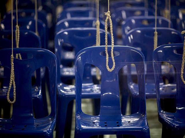 Chairs and ropes are ready for a wedding ceremony at Wat Takien temple in Nonthaburi province, on the outskirts of Bangkok on Valentine's Day. (Reuters)