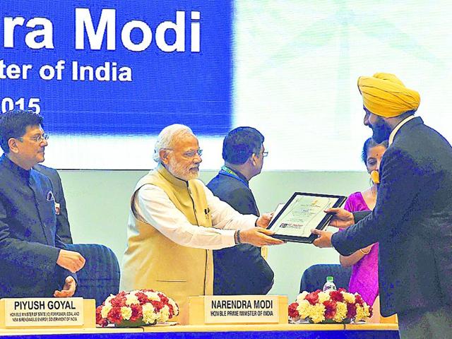 Punjab-s-renewable-energy-minister-Bikram-Singh-Majithia-received-the-award-from-Modi-in-New-Delhi-on-Sunday-HT-Photo