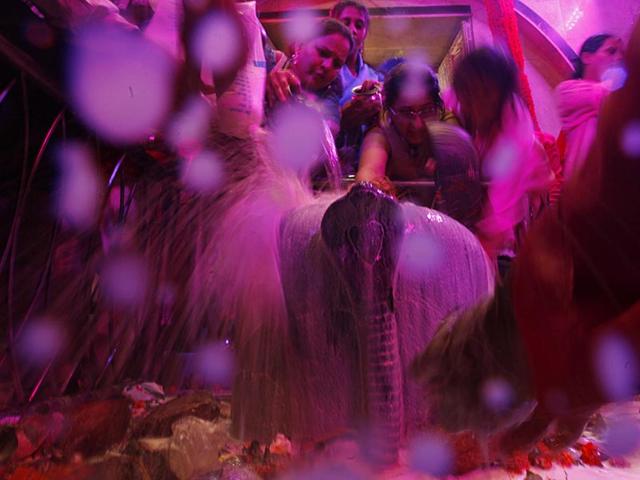 Devotees offer prayers to Lord Shiva at Babulnath Mandir in Mumbai on the occasion of Mahashivaratri. (Anshuman Poyrekar/HT photo)