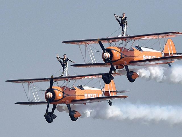 UK’s AeroSuperBatics team Breitling Wingwalkers performs during the inauguration of the Aero India 2015. (PTI Photo)