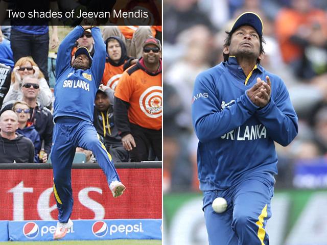 (Left) Sri Lanka's Jeevan Mendis pulls off an athletic catch at the boundary to dismiss New Zealand skipper Brendon McCullum (not in picture) in Christchurch on February 14. (Right) Mendis misses a catch off Corey Anderson. (Reuters Photos)