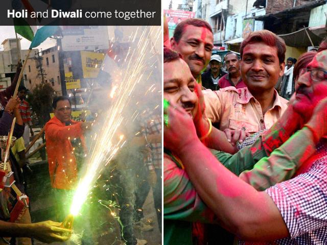 (Left) Celebrations with colours in Allahabad on Sunday following India's victory against Pakistan. (Right) Fans rejoice following the victory, at Albert Ekka Chowk in Indian skipper MS Dhoni’s hometown Ranchi. (PTI Photos)