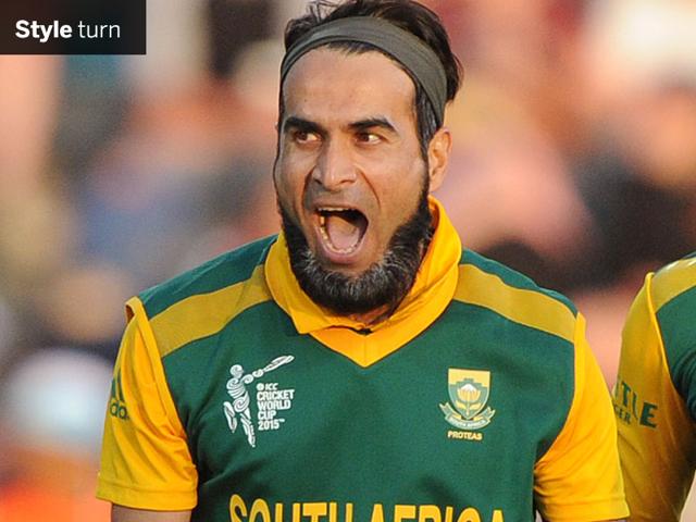 South Africa's Imran Tahir yells out after taking the wicket of Zimbabwe's Chamu Chibhabha at Hamilton on February 15. (AP Photo)