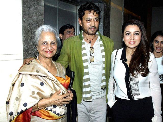 Bollywood actors Waheeda Rehman, Irrfan Khan and Tisca Chopra pose during the screening of film Qissa in Mumbai on Thursday. (PTI)