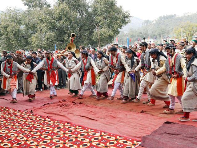 People performing traditional “nati’ dance at Paddal ground during Shivaratri fair in Mandi on Monday. Birbal Sharma/HT