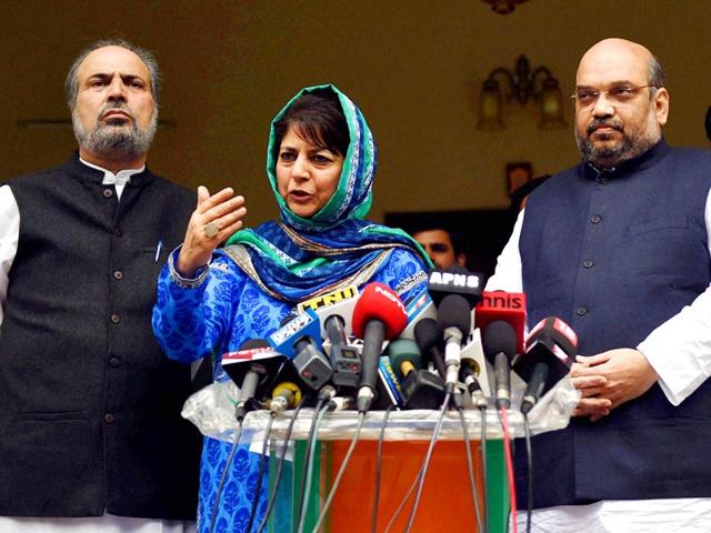 BJP-president-Amit-Shah-and-PDP-president-Mehbooba-Mufti-announced-the-formation-of-a-coalition-government-in--Jammu-and-Kashmir-PTI-Photo