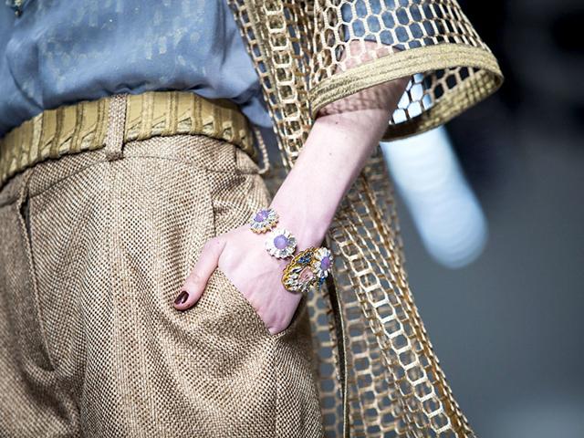 Lilac and gold bracelets added a touch of prettiness at Bora Aksu. 