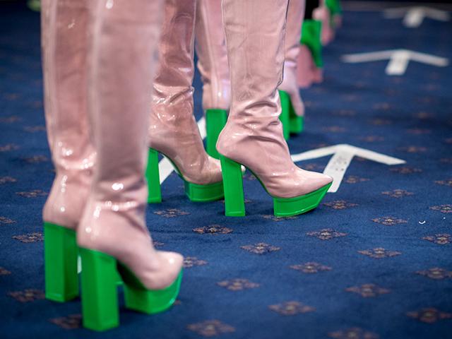 Futuristic platform boots were sported on the Fyodor Golan runway in pastel pink and Lego green. 